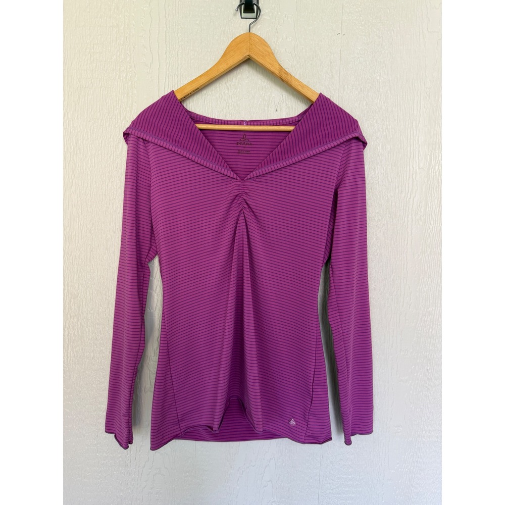 Prana Womens Purple Striped Long Sleeve V-Neck Hooded Yoga Activewear Top Size M